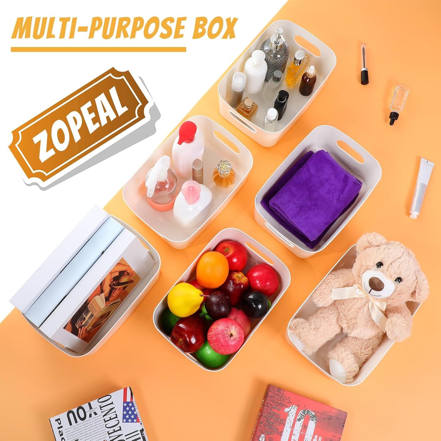 Zopeal Plastic Storage Bins 10 Pcs White Pantry Organizer Bins Small Baskets Storage Containers for Home Kitchen (12 x 8 x 5 Inches)