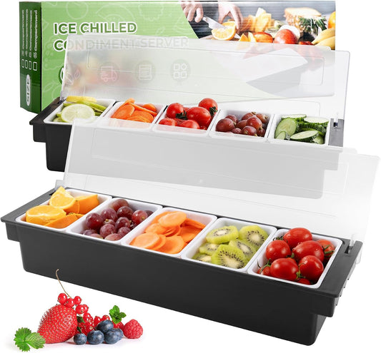 WICHEMI Fruit, Veggie & Condiment Caddy with Lid Dispenser Tray Garnish Station for Bartending & Serving Taco, Ice Cream, Salad Bar - Topping Organizer for Restaurant Supplies (5 Compartment, 2 Pack)
