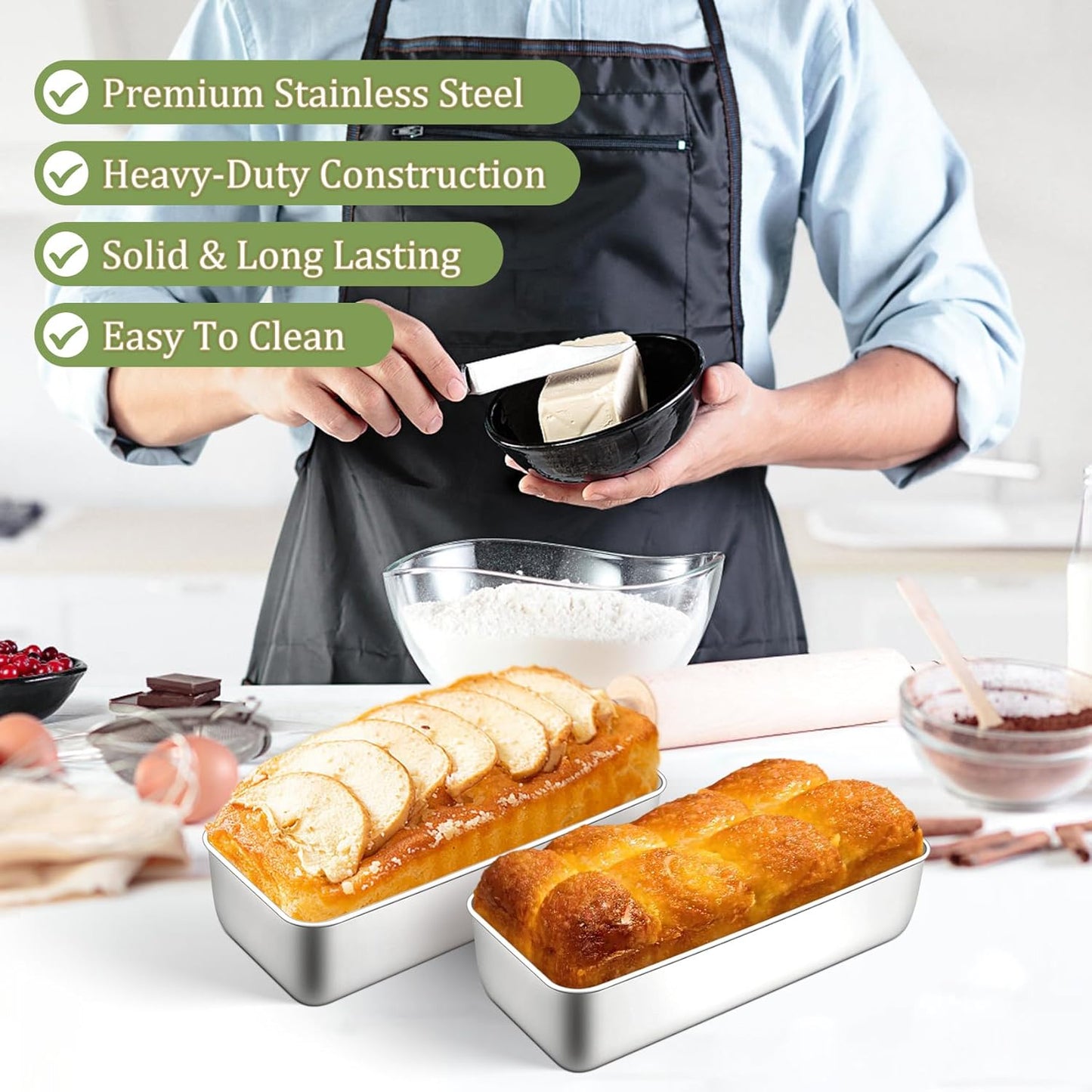 TeamFar Loaf Pan, 12 x 5 Inch Stainless Steel Loaf Pans for Baking Bread, 3 Pack Large Bread Loaf Baking Pan for Homemade Bread, Meatloaf, Cake, Brownies, Non-Toxic, Heavy-duty, Oven & Dishwasher Safe