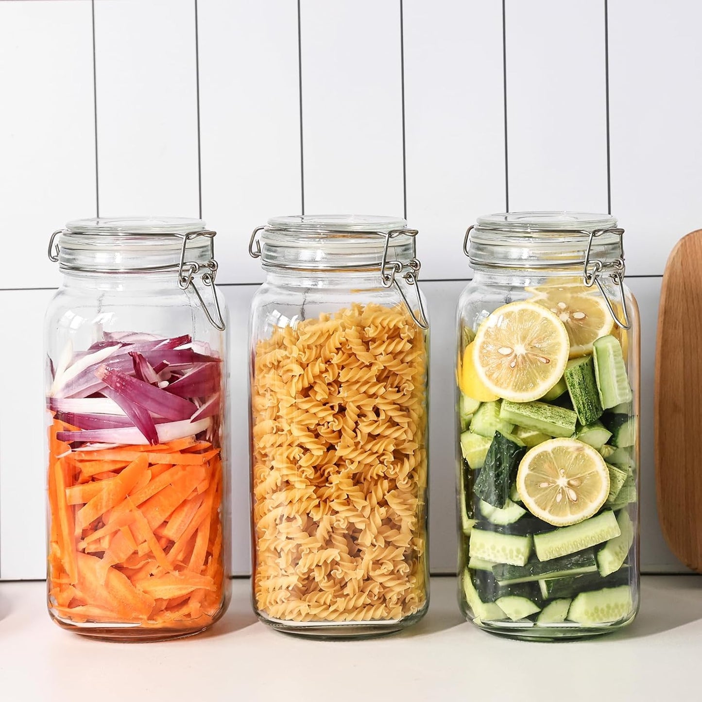 78oz Glass Food Storage Jars with Airtight Clamp Lids, 3 Pack Wide Mouth Large Kitchen Canisters for Flour, Cereal, Beans, Pasta and Canning, Square Mason Jar with Labels