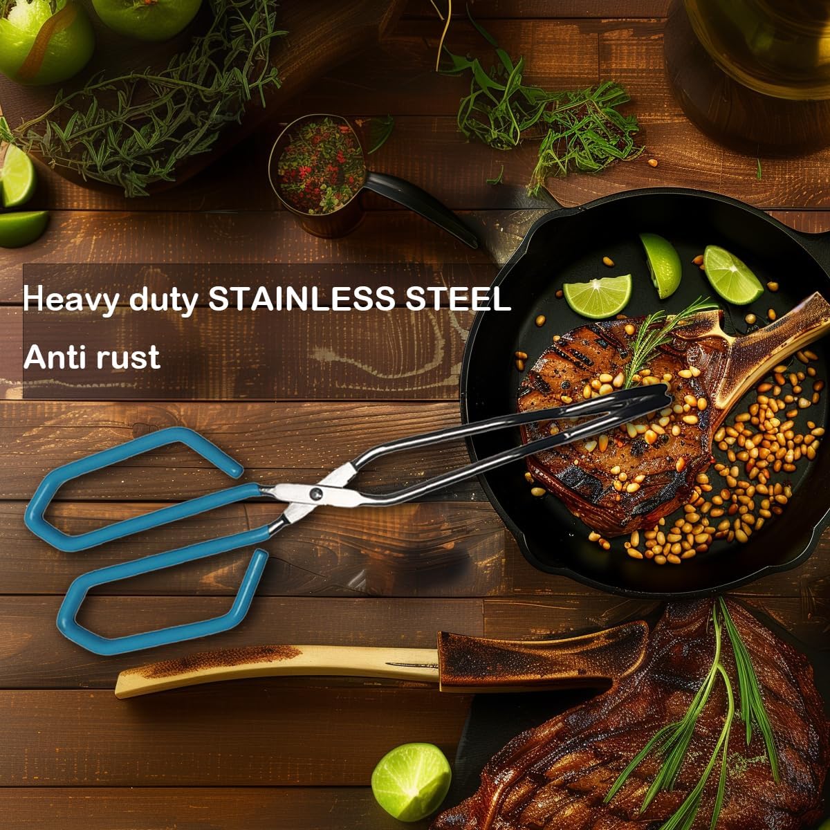 Stainless Steel Scissor Tongs, Heavy Duty, Kitchen Tongs for Food Cooking Barbecue BBQ Grilling and Serving (2pcs Blue)