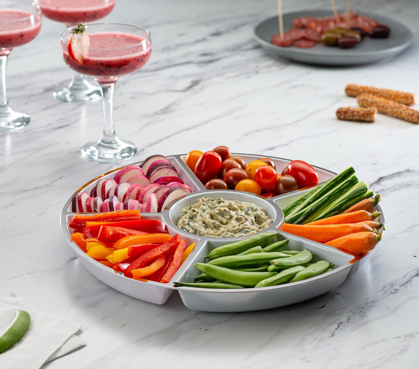 Plasticpro 6 Sectional Round Plastic Serving Tray/Platters White & Silver Pack of 8