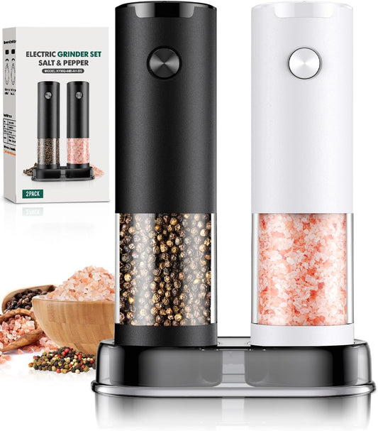 Electric Salt and Pepper Grinder Set Automatic Battery Pepper Mill Shakers Adjustable Coarseness Easy Filling Upgraded Larger Capacity with Led (2 Pack Black/White）