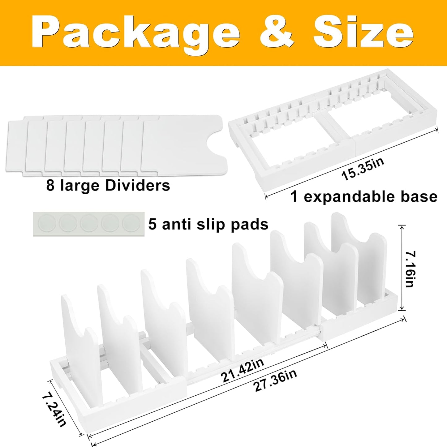 MinBoo Bamboo Expandable Pot Lid Organizer Pot Lid Holder, Pot and Pan Organizer Drawer Organizer for Pot Lids, Adjustable Dividers for Kitchen Cabinet Organizers and Storage,White,Large