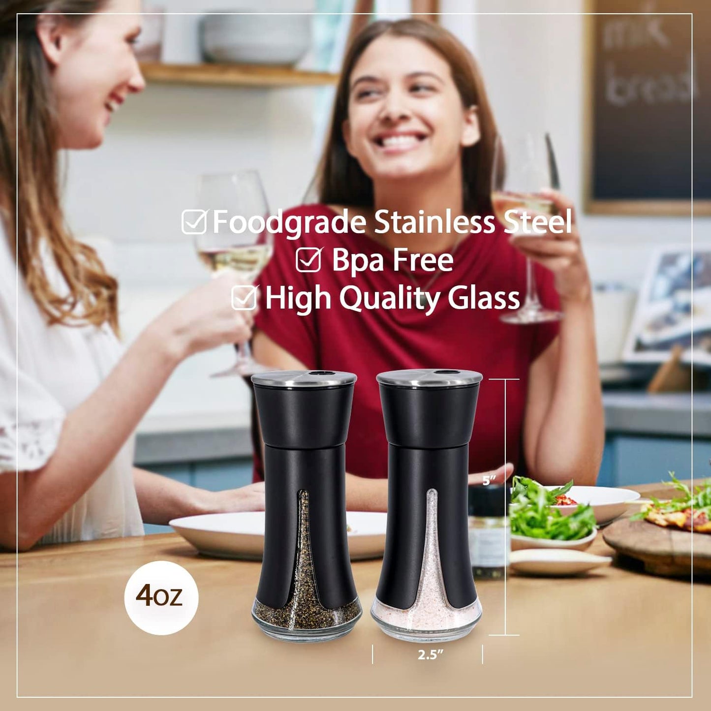 Black Salt and Pepper Shakers by Aelga, Salt Shaker with Adjustable Pour Holes, Black Kitchen Accessories, Decor for Kitchen,Restaurants,Camp,BBQ