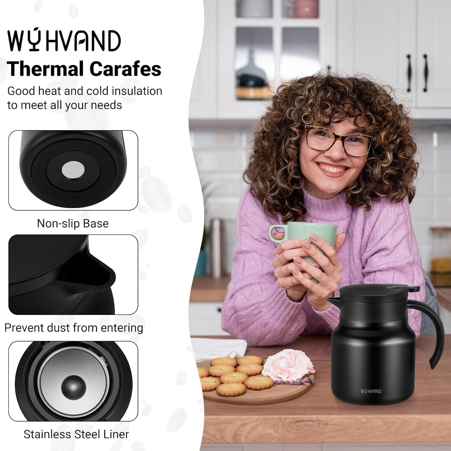 27Oz Thermal Coffee Carafes For Keeping Hot/Cold, Stainless Steel Coffee Carafe, Dustproof Insulated Water Carafe for Party/Home,Black