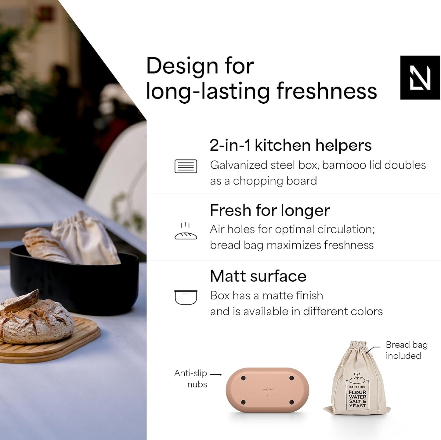 LARS NYSØM Bread Box I Metal Box with linen bag for long lasting freshness I Bread Bin with bamboo lid usable as cutting board I 14.2x7.5x5.1 In (Blush Rose)