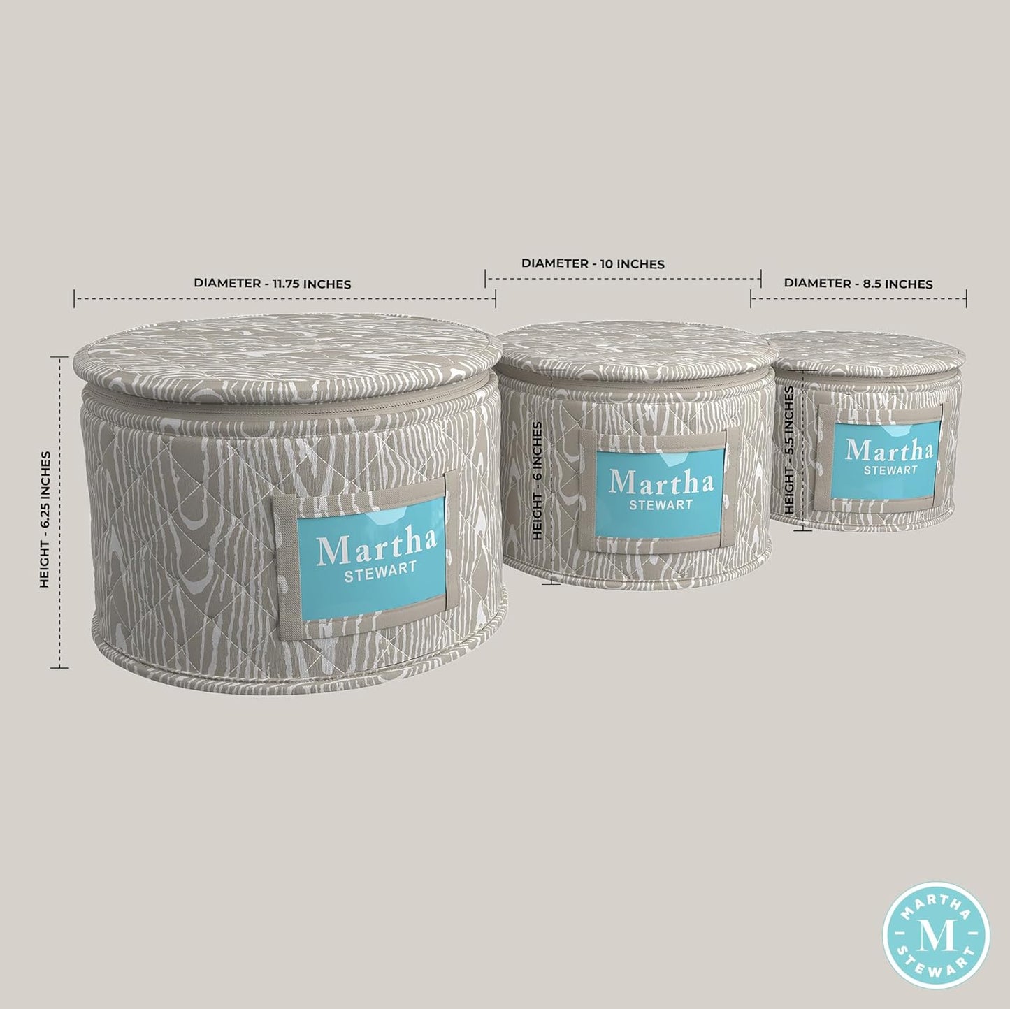 Martha Stewart Dinnerware Stemware Glassware Organizer Home Storage Container Case, 3 Piece Dinnerware Set Organizer For Dessert, Salad and Dinner Plates With Felt Dividers, Skyland Faux Bois