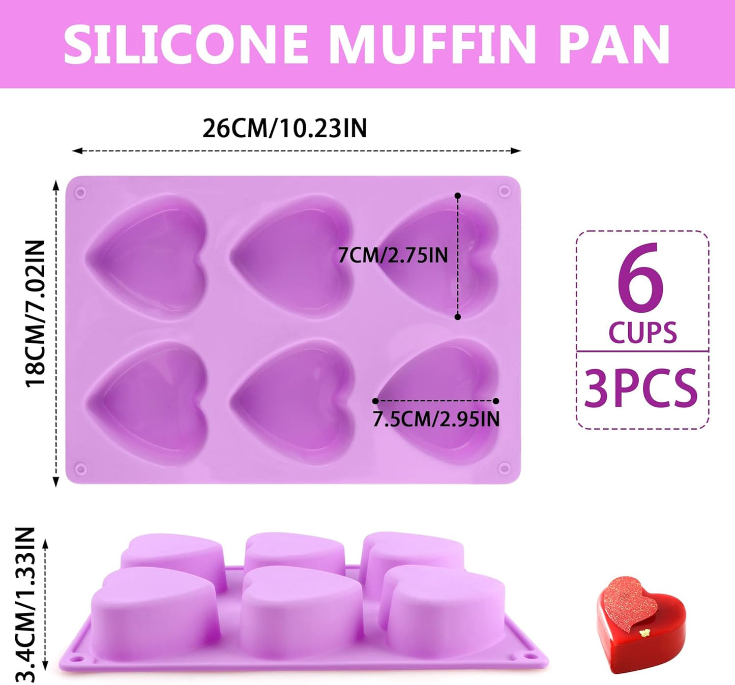 3-Pack 6-Cup Silicone Muffin Pans, Nonstick Cupcake Baking Molds, BPA/PFA-Free, Dishwasher & Oven Safe Heart-shaped Purple