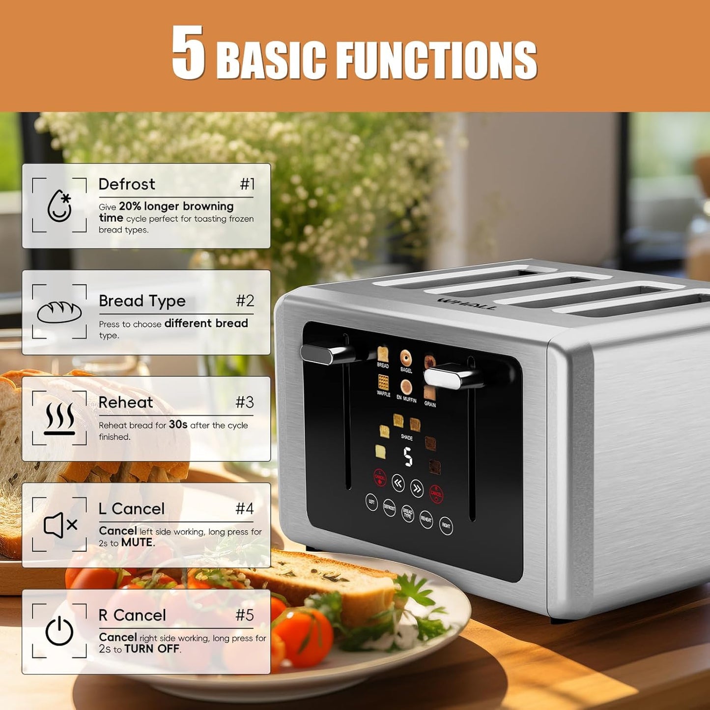 whall 4 Slice Touch Screen Toaster, Stainless Steel Toasters Digital Timer, Dual Control Panel Toasters，6 Shade Settings＆6 Bread Types, Smart Wide Slots, Bagel, Cancel, Defrost,Flat lever Stainless