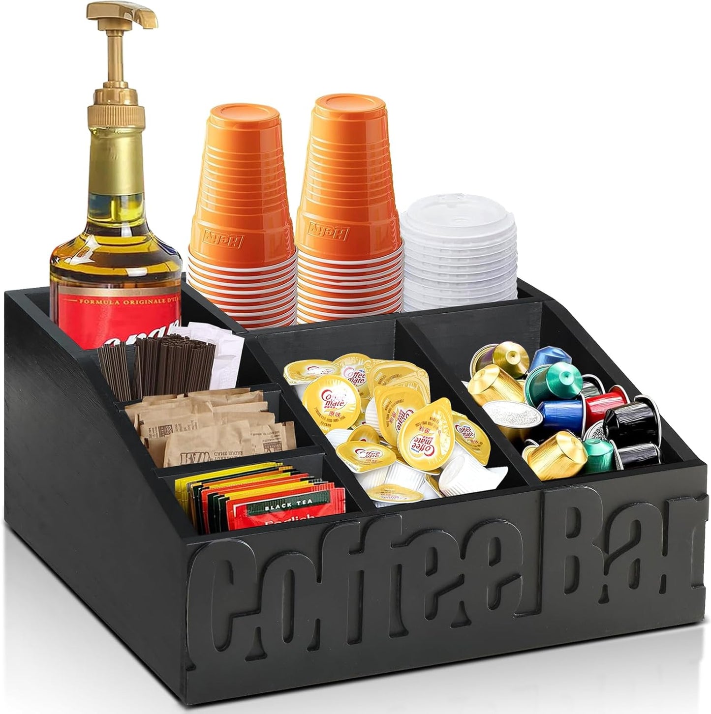 Coffee Bar Organizer for Accessories, Wood Station for Countertop, Farmhouse Pod Syrup Holder, Condiment Organizer for Decor (Black)