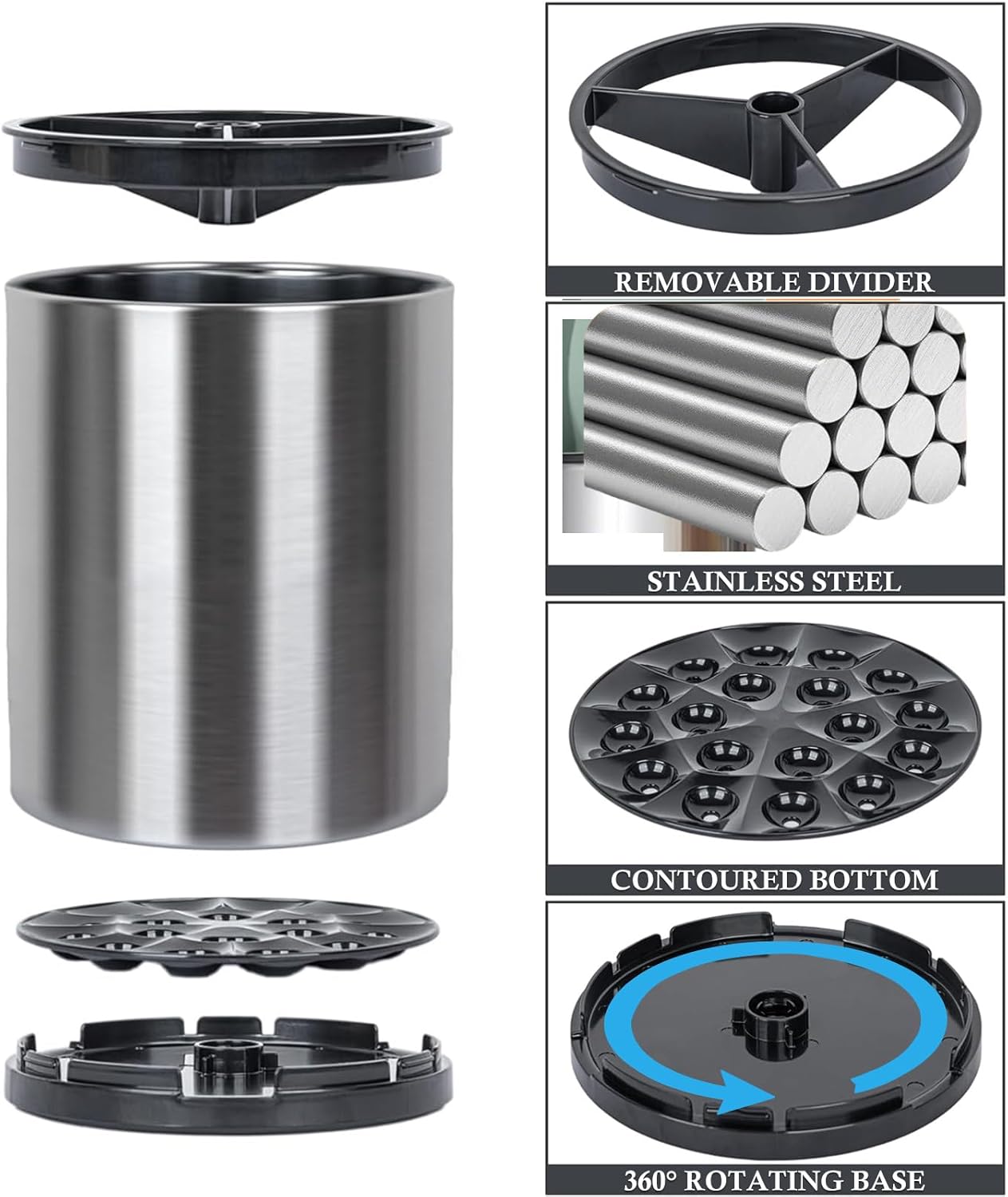 Kitchen Utensil Holder - 360° Rotating Stainless Steel Countertop Organizer (with Cleaning Brush) for Spoons, Spatulas & Cutlery Storage, Cooking Silverware Caddy with Removable Base, Silvery