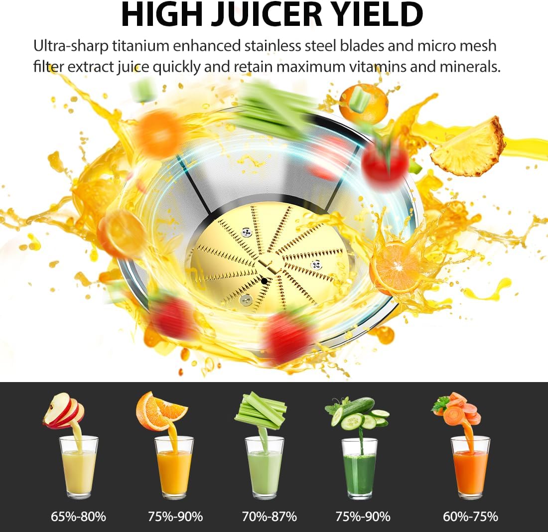 1300W KOIOS Centrifugal Juicer Machines, Juice Extractor with Extra Large 3inch Feed Chute, Full Copper Motor, Titanium-Plated Filter, High Juice Yield, 3 Speeds Mode, Brush included, Non-BPA, Blue