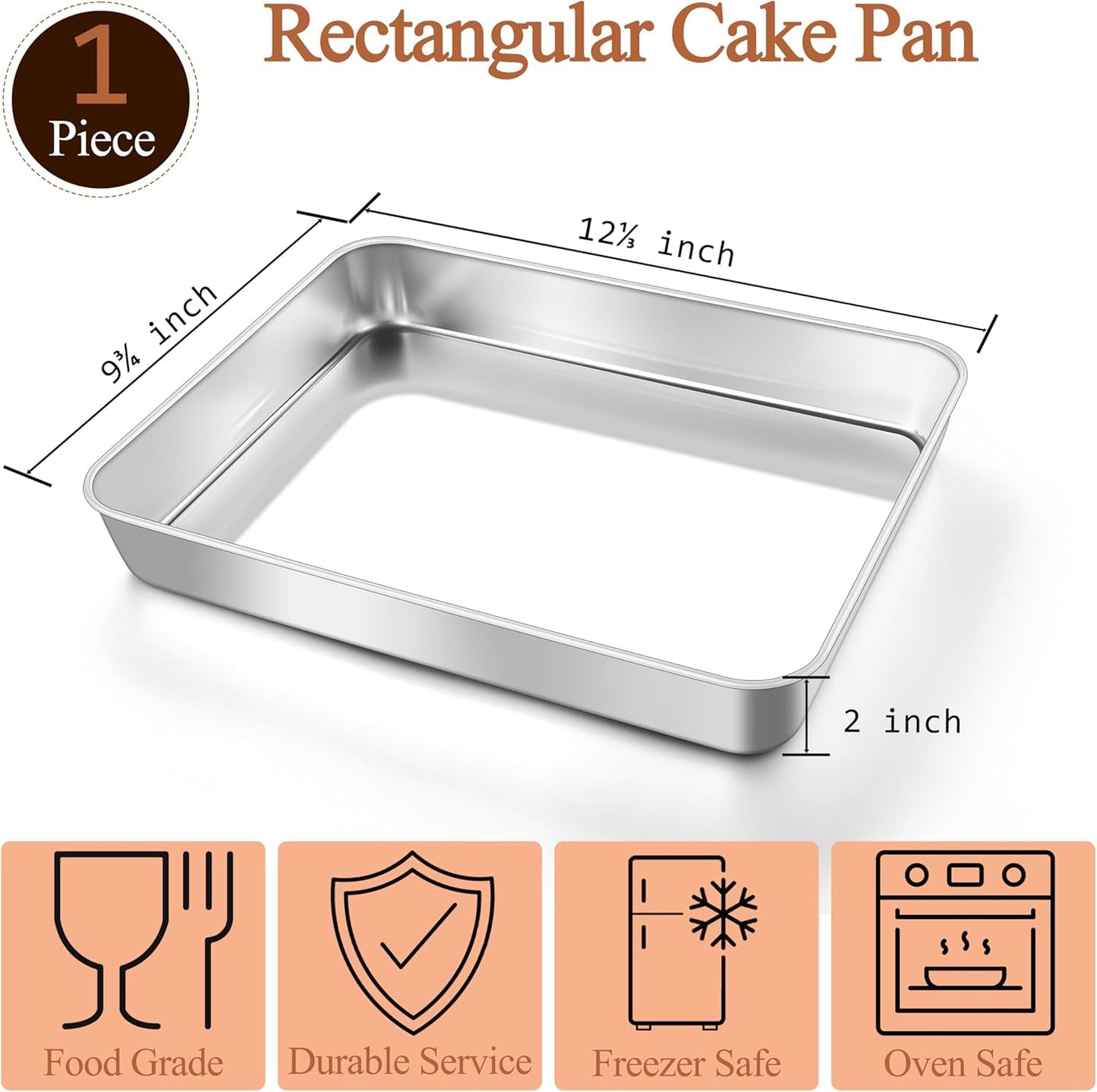 LIANYU 12⅓ x 9¾ x 2 Inch Baking Cake Pan, Rectangle Bakeware for Lasagna Brownies Casseroles, Stainless Steel Toaster Oven Pan, Dishwasher & Oven Safe