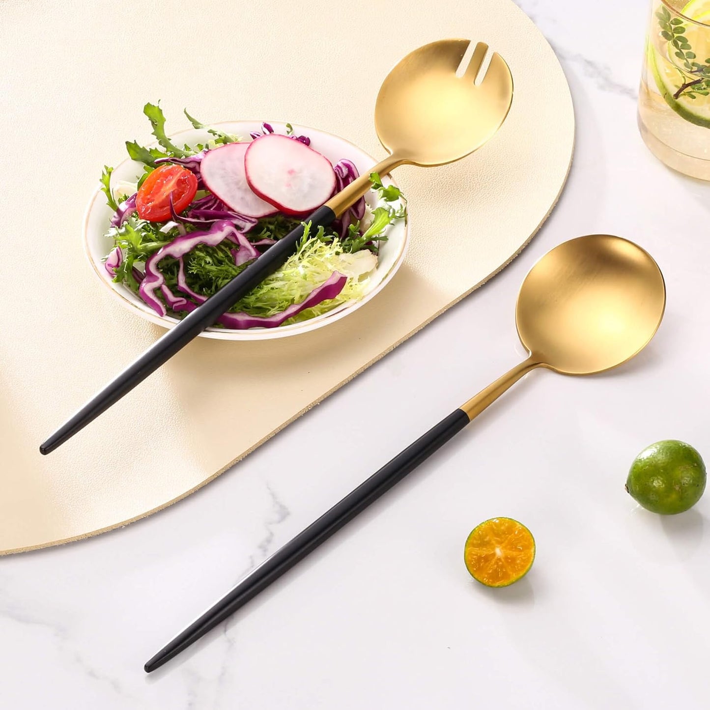 Black Gold Salad Serving Utensils, Stainless Steel Spoons, 2Pcs Long Handle Servers 11.42 Inch, Matte Finish, Dishwasher Safe
