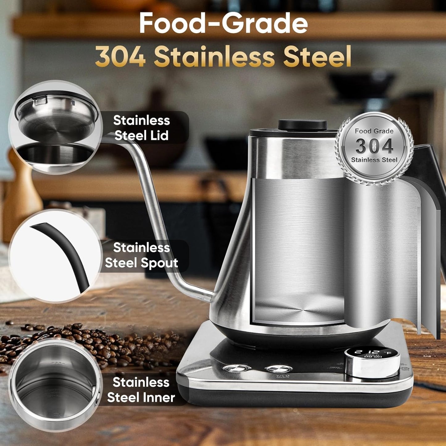 COZII Gooseneck Electric Kettle,5 Presets & ±1℉ Temperature Control 1200W Quick Heating Water Boiler for Coffee/Tea, 24H Keep Warm, Auto Shut Off Pour Over Kettle with 50pcs Coffee Filter,0.9L Silver