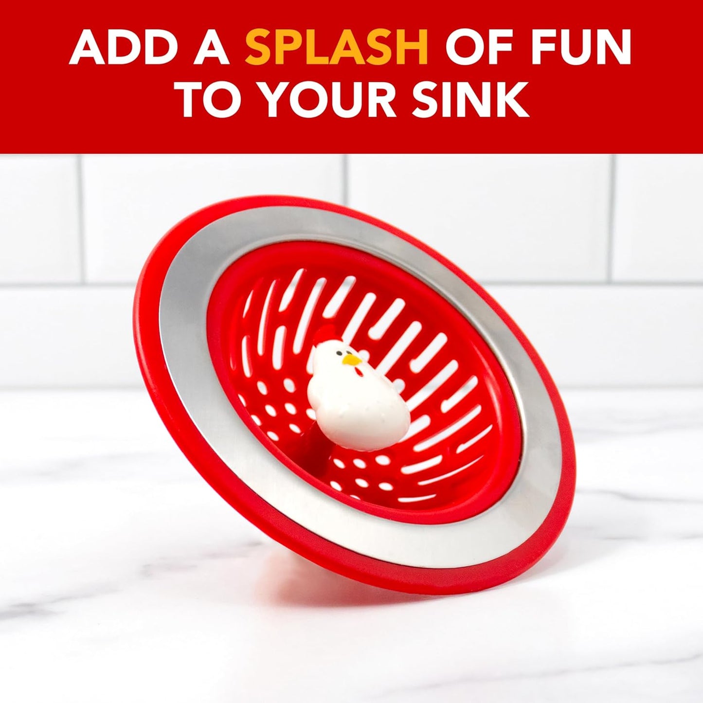 Joie Doodle Doo Kitchen Sink Strainer Basket, Fits All Standard Sinks, Stainless Steel, Cute Garbage Disposal Drain Cover, 4.5-Inch, Red Rooster