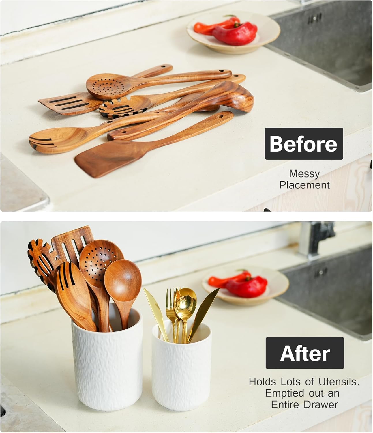 Set of 2 Utensil Holder, 7"+5" Ceramic Kitchen Utensil Holder for Countertop, Large Cooking Utensil Crocks for Counter, Morden Utensil Organizer for Spatula, Kitchen Decor (White)