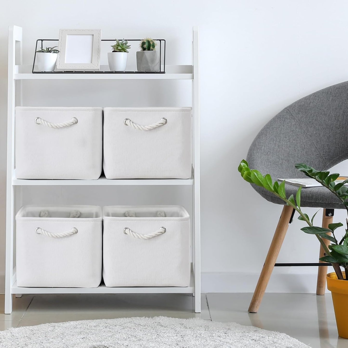 TheWarmHome Storage Basket for Shelves - 15.8x11.8x11.8 inch 3 Pack Fabric Storage Cubes, Collapsible Storage Bin for Organizing Organizer Closet Book Gift Dog(White)