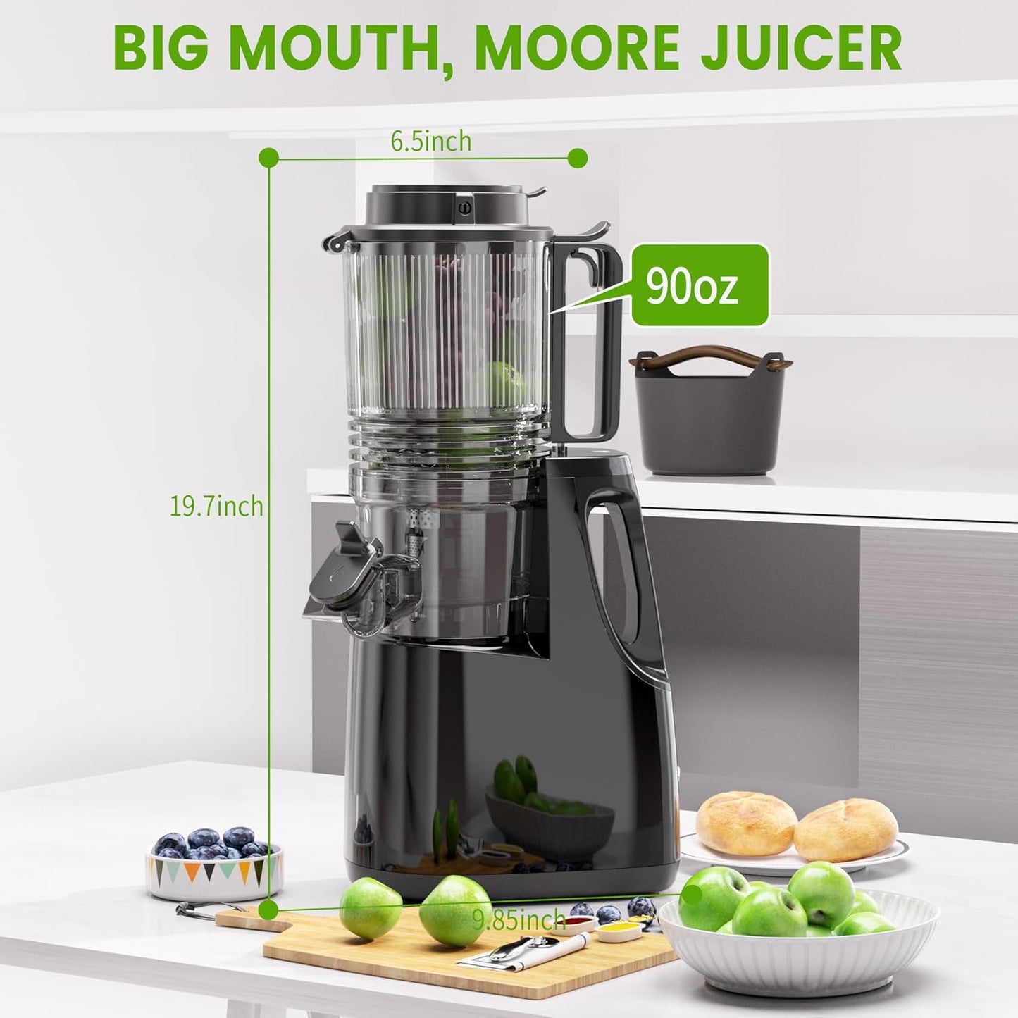 Cold Press Juicer, 6.5" Wide Feed Chute Juice Extractor Machine with Handle, High Juice Yield, 350W Professional Slow Masticating Juicer for Whole Vegetables & Fruits, Easy to Clean for Batch Juicing
