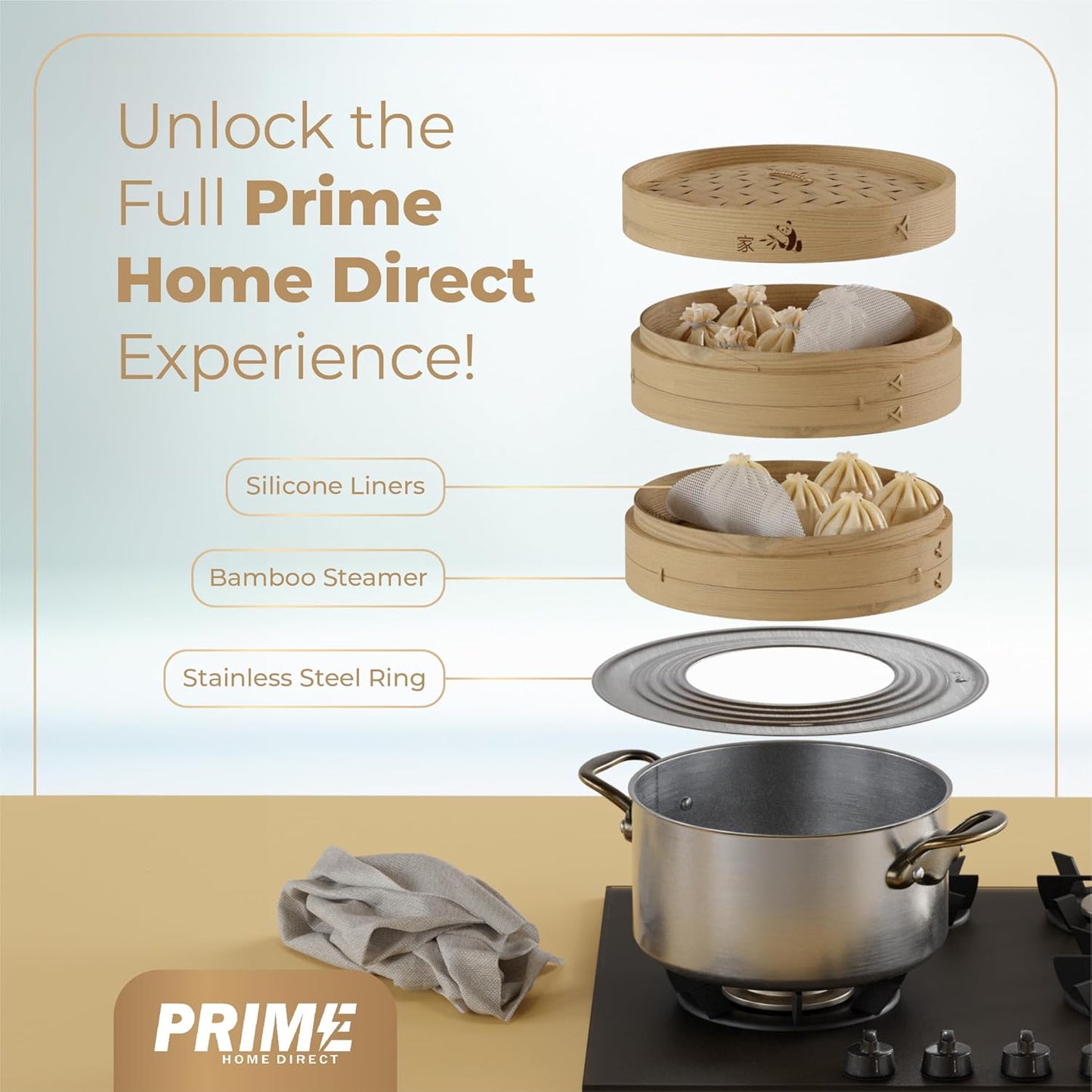 Prime Home Direct Bamboo Steamer Basket 12-Inch | 2-Tier Steamer for Cooking | 50 Liners, Chopsticks, Sauce Dish | Steaming Asian Food, Bao Buns, Chinese, Dim Sum, Dumpling, Rice, Vegetable Steam Pot