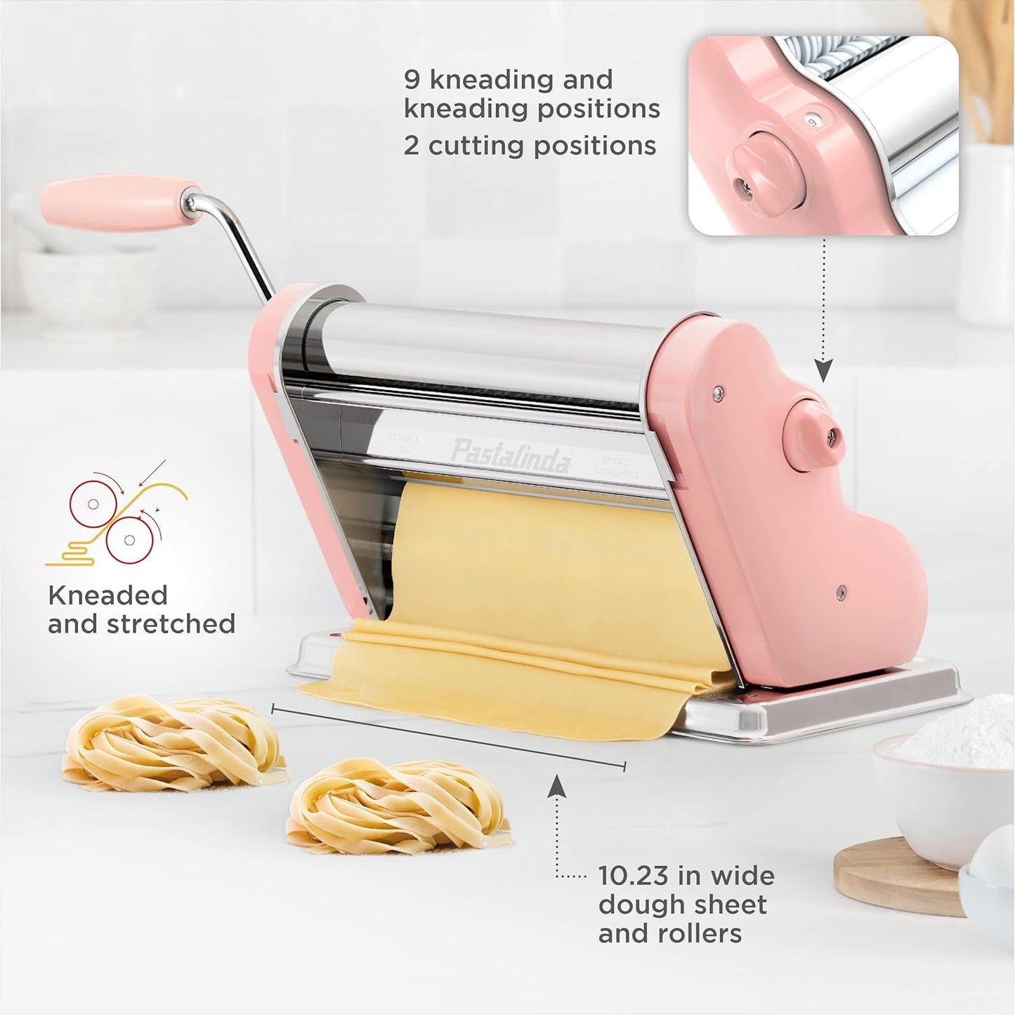 PASTALINDA Classic 260 Pasta Maker Machine, 26 cm Wide Rollers, 9 Thickness Positions, 2 Cutting Positions, Stainless Steel. Includes Reinforced Hand Crank And Two Clamps (Pink)