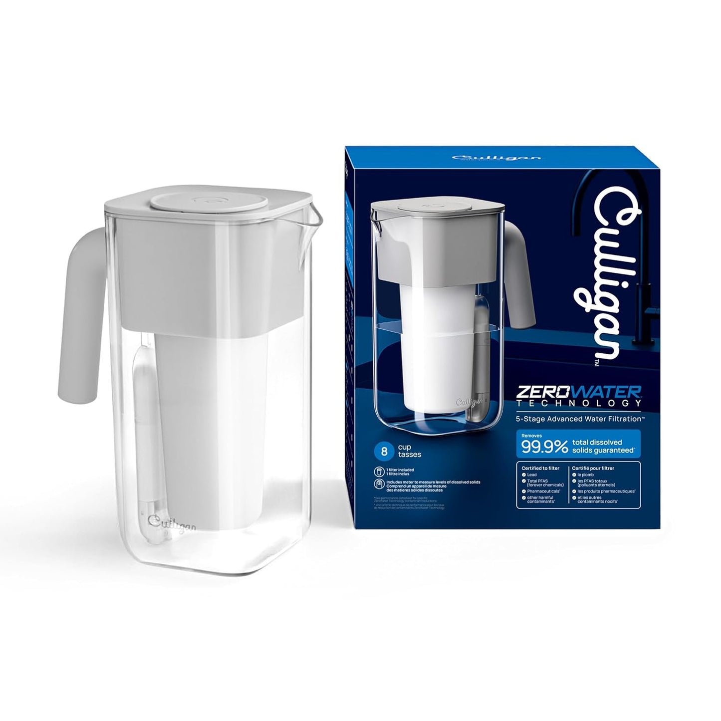 Culligan with ZeroWater Technology 8-Cup Water Filter Pitcher – Includes 5-Stage Advanced Water Filter, IAPMO Certified to Reduce Lead, Total PFAS (Forever Chemicals), Mercury, Fluoride, and Chlorine