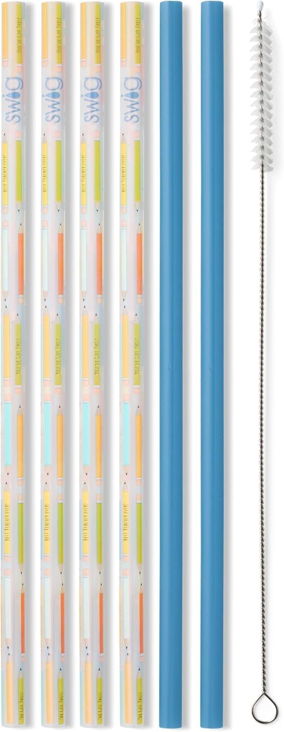 Swig Life Reusable Straws Teacher Life + Blue Tall Straw Set & Cleaning Brush, Each Straw is 10.25 inch Long (Fits Swig Life 20oz Tumblers, 22oz, and 32oz Tumblers)