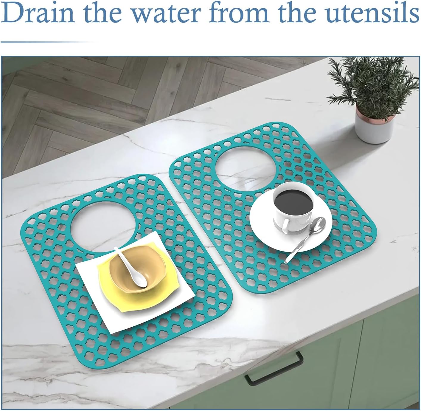 2 Pack Silicone Sink Protector for Kitchen Sink Bathroom, 13.58" x 11.6" Heat-resistant Sink Mat Non-Slip and Durable Silicone Protectors, Rear Drain, Green