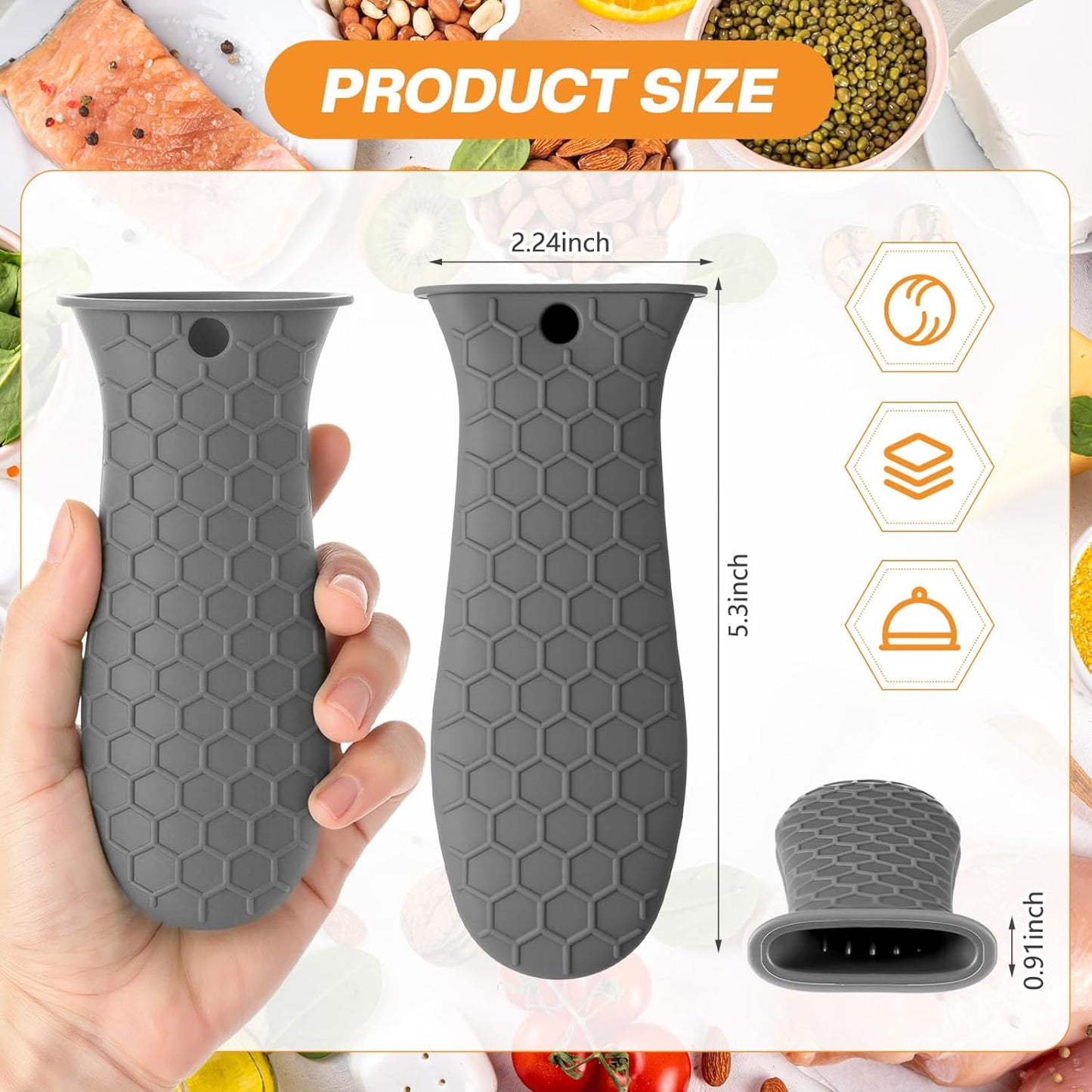 Patelai 2pcs Silicone Handle Cover for Cast Iron Skillet Kitchen Silicone Handles for Pots and Pans Non-Slip Pot Holder Sleeve for Fry Pan Griddles Metal Aluminum Cookware(Grey)