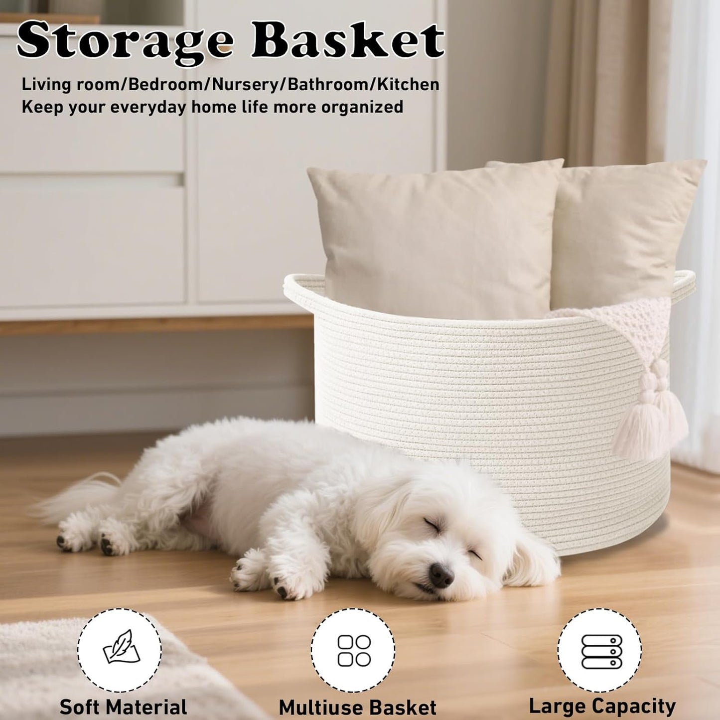 Large Blanket Basket for Organizing,115L Closet Organizers and Storage Bins Box for Shelves Woven Rope Storage Baskets,Living Room,Bedroom,Dorm,Laundry room (White)