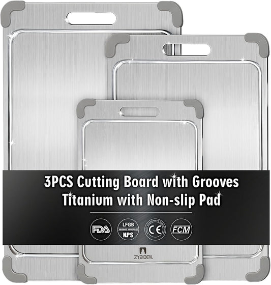 3Pcs 100% Pure Titanium Cutting Board with Grooves, Update Double Side Titanium Chopping Board, Silicone Anti-slip Stainless Cutting Boards Set for Kitchen, Grey