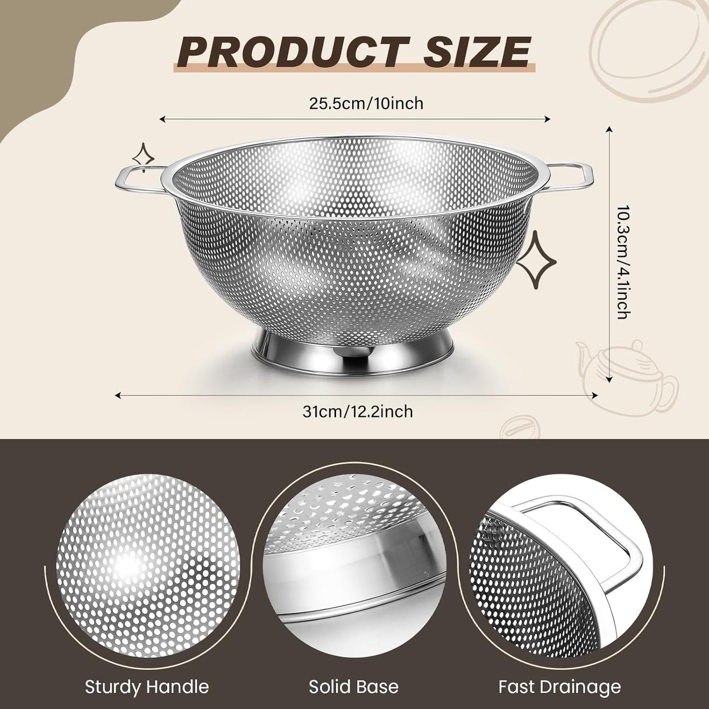 Norme 4 Quart Stainless Steel Silver Colander and 3 Pcs Silver Fine Mesh Strainer, Stainless Steel Pasta Rice Food Metal Strainer with Handles, Easy Clean and Dishwasher Safe