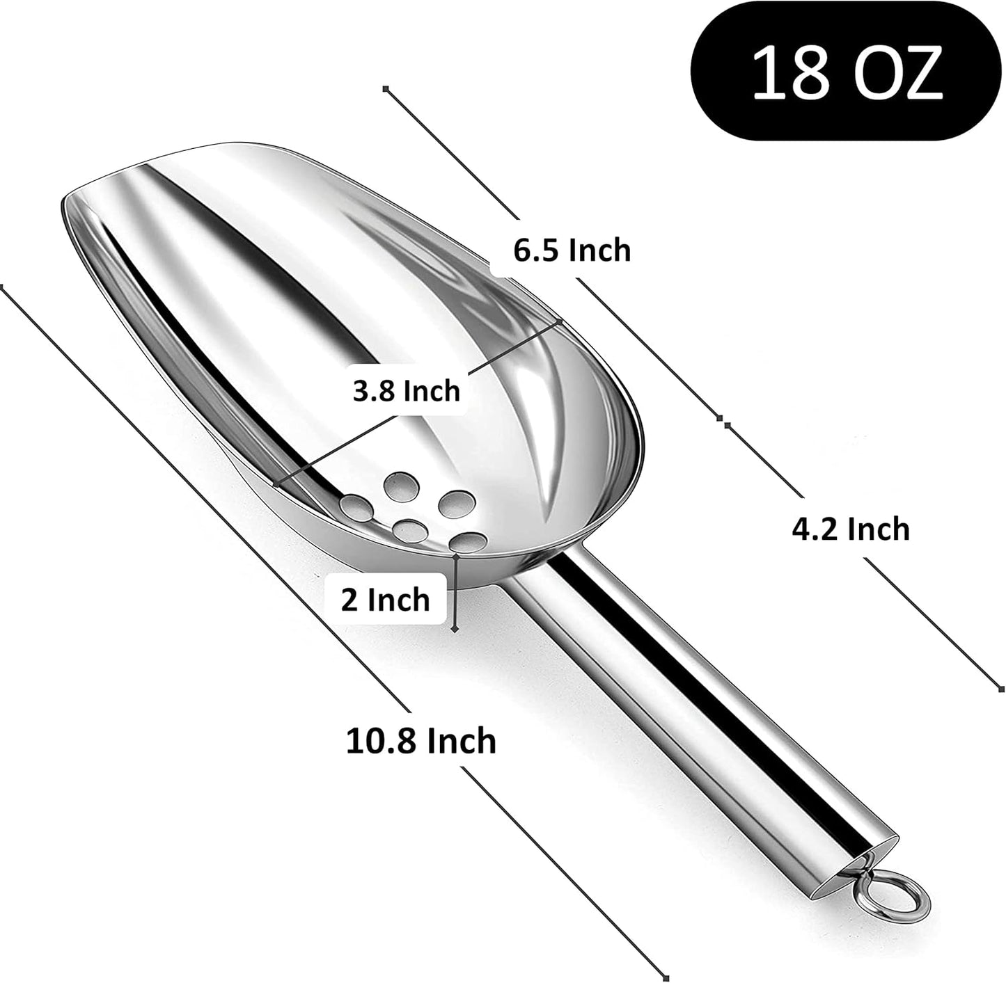 JBscoop Large Ice Scoop with Holes. Stainless Steel Ice Scoop with Drain Holes to Reduce Unwanted Dilution. Heavy Duty and Dishwasher Safe. Six Ounce Capacity.