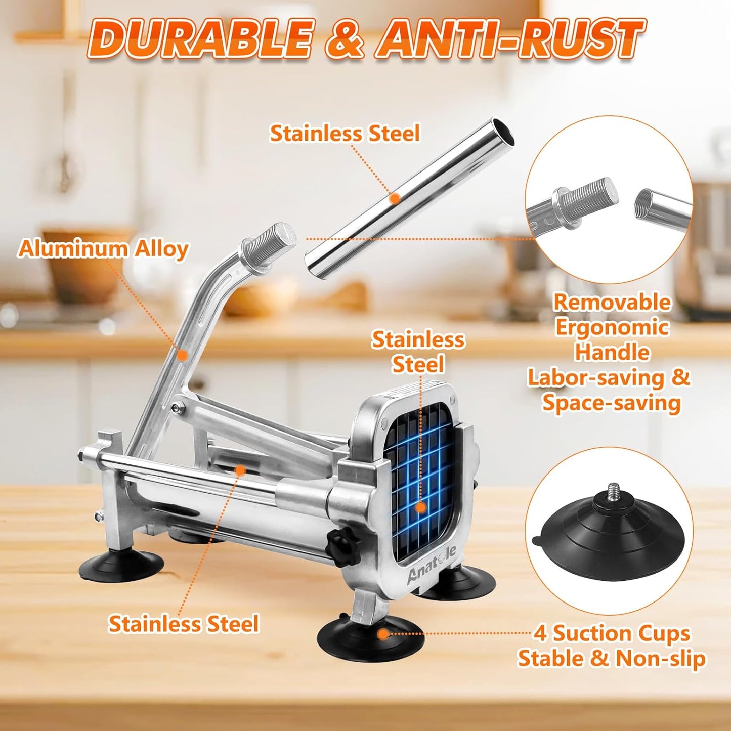 Anatole Professional French Fry Cutter Stainless Steel with 1/4'' 3/8'' 1/2'' Blades Manual Potato Slicer Veggie Chopper Homestyle Dicer for Onions Carrots Cucumbers