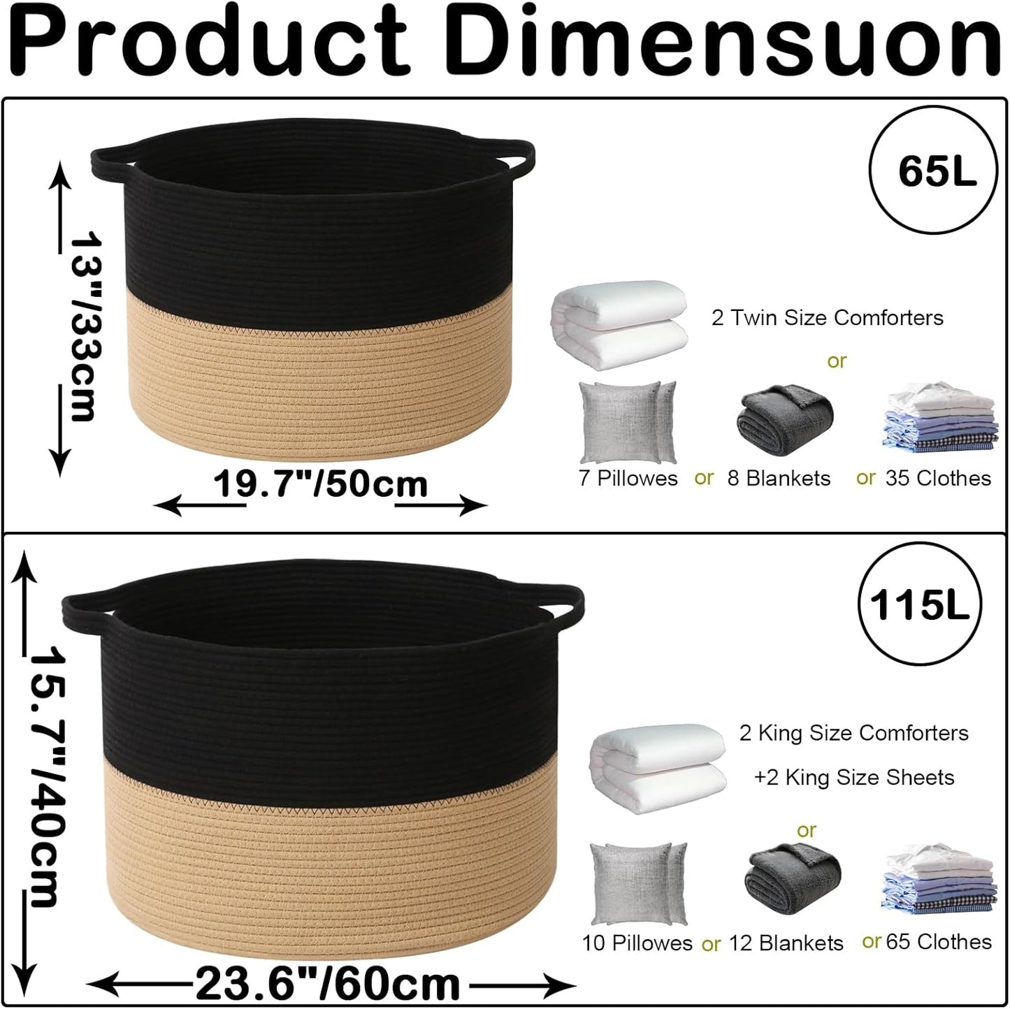 Large Blanket Basket for Organizing,115L Closet Organizers and Storage Bins Box for Shelves Woven Rope Storage Baskets,Living Room,Bedroom,Dorm,Laundry room (Black&Camel)