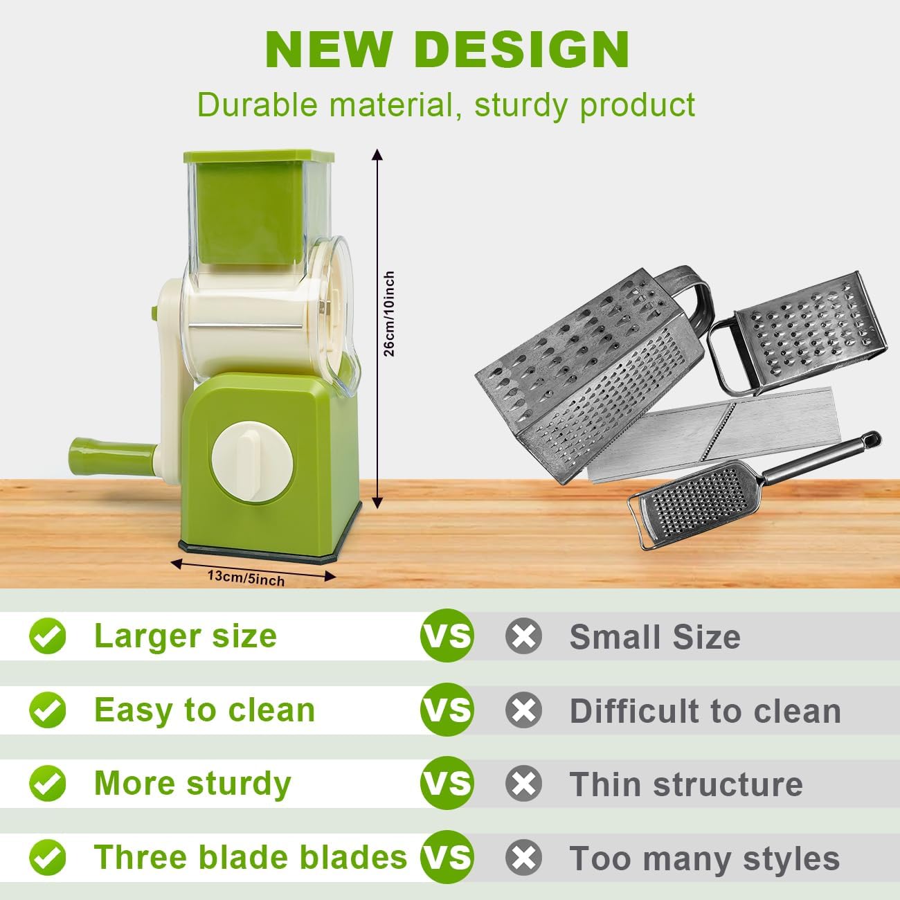 3 in 1 Cheese Grater, Rotary Cheese Grater with Handle for kitchen, Vegetable Slicer with 3 Replaceable Stainless Steel Blades,Peeler and Rubber Gloves (Green)