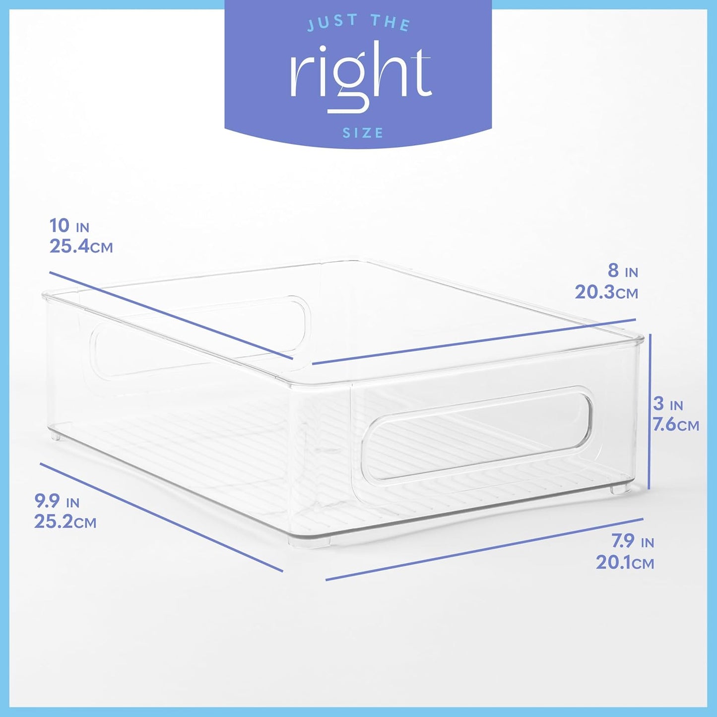 Plastic Food Storage 4 Pack Clear Container Bin with Handles for Organizing Kitchen, Pantry, Refrigerator, Freezer, Pantry, Cabinet, Closet, Bathroom. Stackable 10”x8”x3”