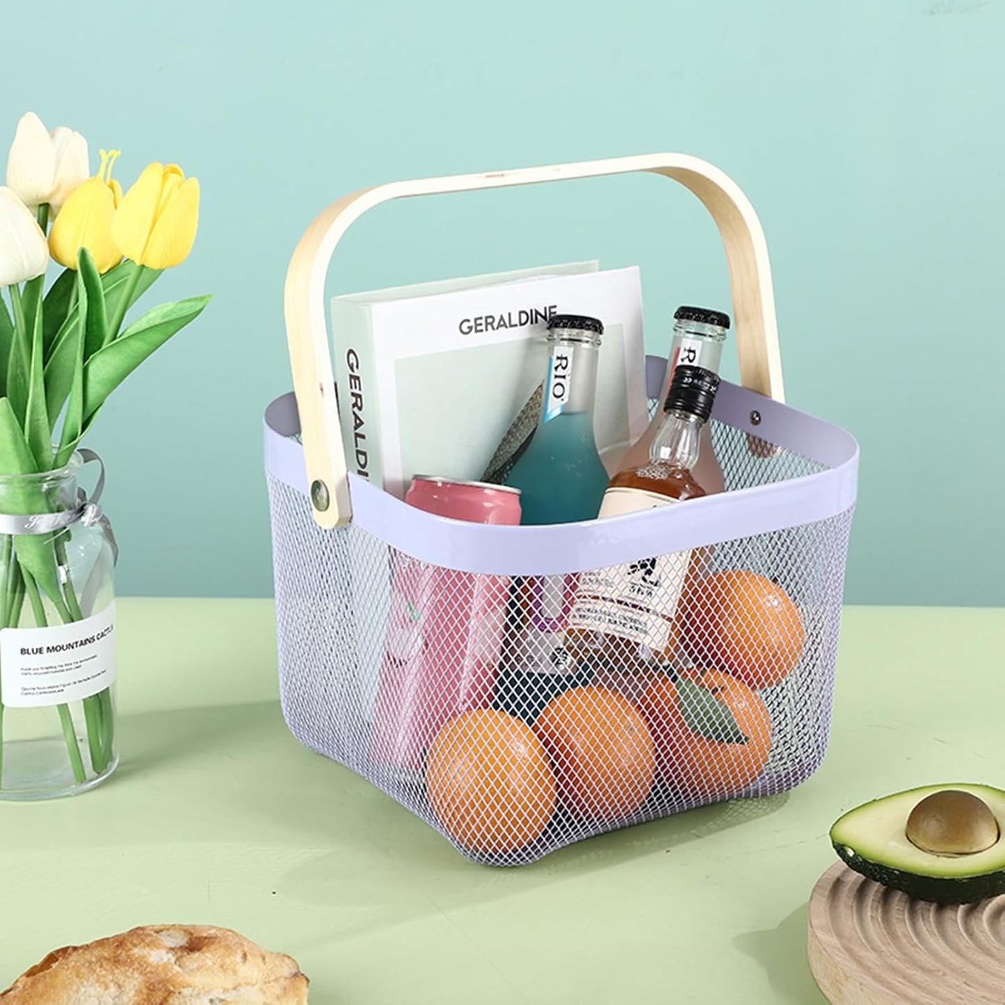 Metal Mesh Steel Basket, Storage Organizer Basket Multi-functional Hanging Kitchen Baskets Fruit Basket Bin with Bamboo Handle for Kitchen Bathroom Picnic Shopping Decor Cabinet Home, Purple