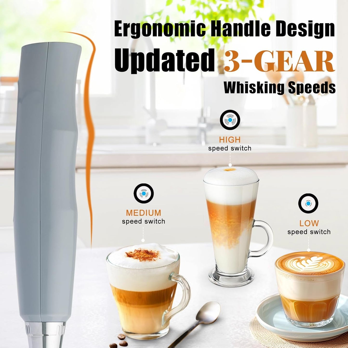 Nahida Cement Gray Milk Frother Wand for Coffee, Frother Handheld Rechargeable Electric Whisk with 3 Heads 3 Speeds Drink Mixer Coffee Frother Foam Maker For Latte, Cappuccino, Hot Chocolate, Egg