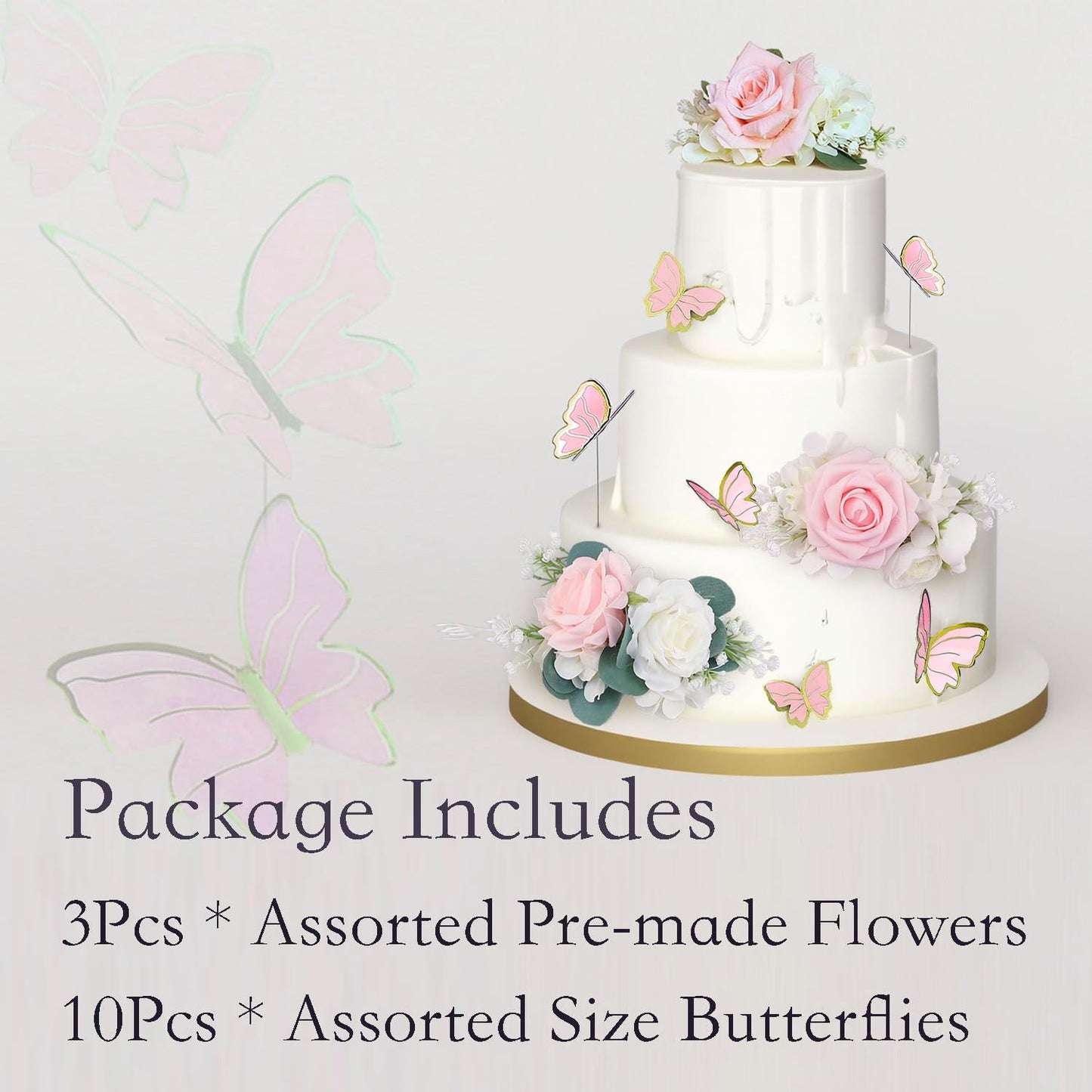 Rinlong 3Pcs Pre-made Blush Pink Cake Flowers Decorations Flower Cake Topper Butterfly Cake Decorating Flowers for Wedding Sweet 16 Birthday Girl