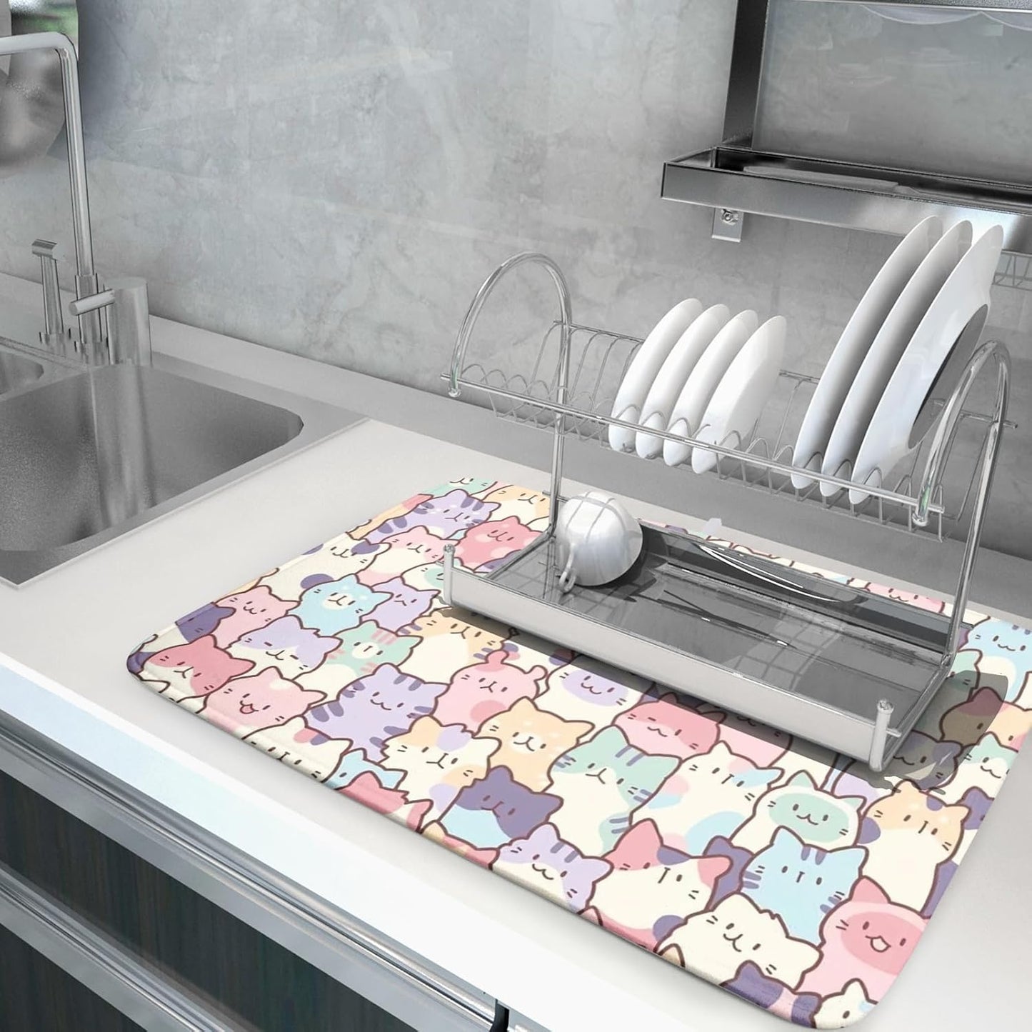 Colorful Cats Dish Drying Mat 18x24 inch Cute Animal Microfiber Reversible Fast Dry Dishes Drainer Rack Pad for Counter Kitchen Table Decor