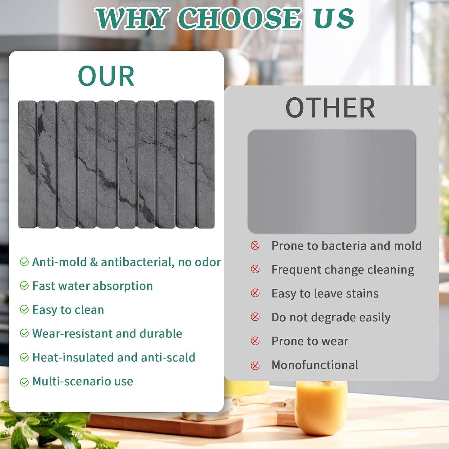 Stone Dish Drying Mat for Kitchen Counter, 24''×15'' Dark Grey Marble Dishes Drying Matt Kitchen Counter, Absorbent Diatomaceous Earth Bath Quick Dry Mats for Tableware, Bottles and Cup