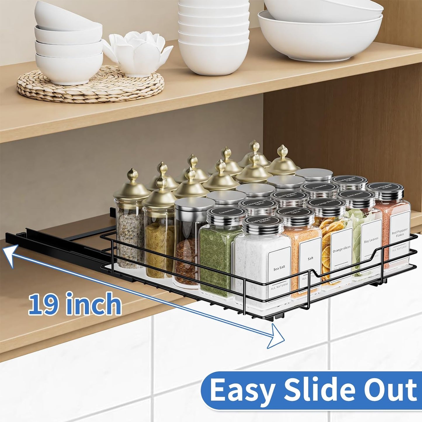 Pull Out Spice Rack, Slide Out Spice Rack for Cabinet, Spice Organizer for Kitchen and Pantry, Fits Spices, Sauces, Canned Food (10.5''Wx10.5''Dx2.5''H)