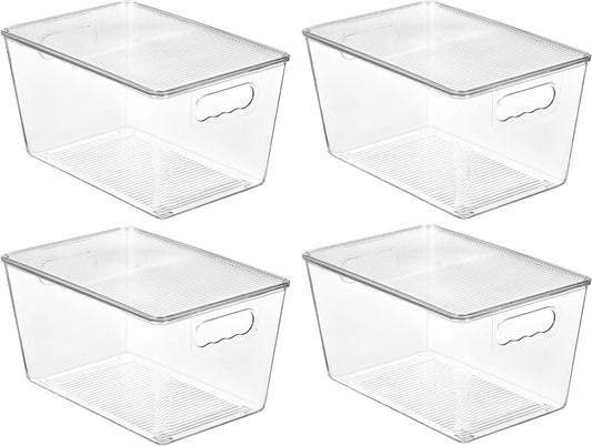 Vtopmart 4 Pack Clear Stackable Storage Bins with Lids, Large Plastic Containers with Handle for Pantry Organizer and Storage,Perfect for Kitchen,Fridge,Cabinet, Closet,Bathroom Organization
