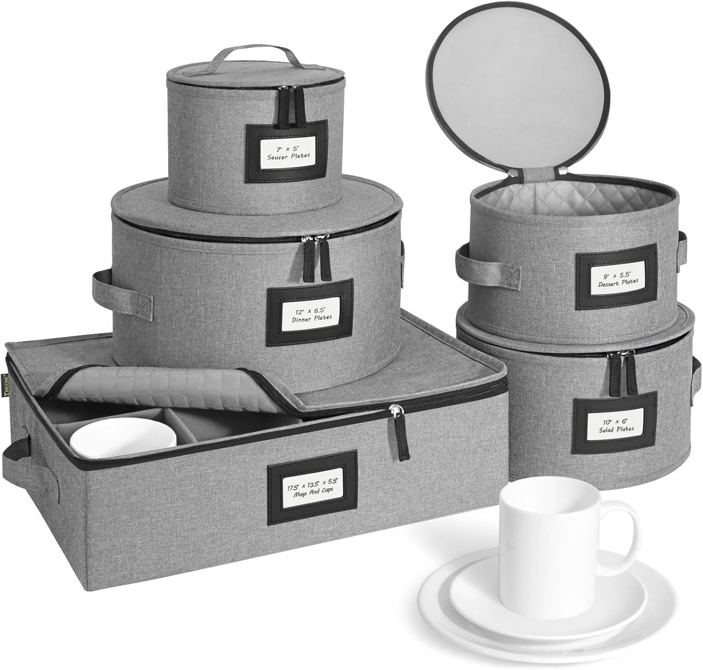 BALEINE China Storage Containers, Sturdy Quilted Wine Glass Storage, Plate Organizer with Carry Handles, Moving Boxes for Dishes, Cups, Mugs and Stemware (Plate Mug Combo, Hard Shell Grey)