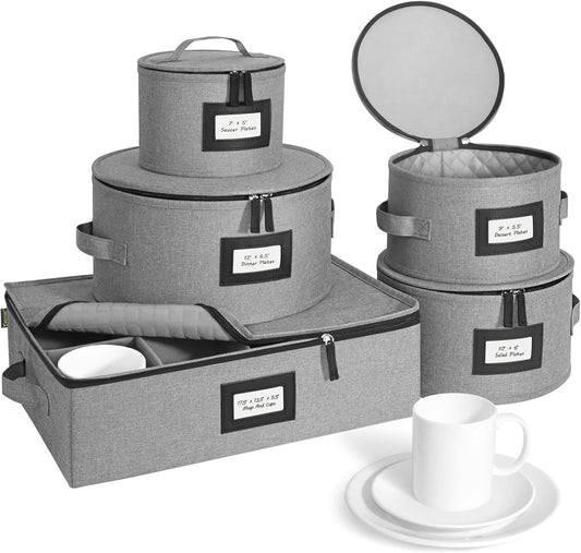 BALEINE China Storage Containers, Sturdy Quilted Wine Glass Storage, Plate Organizer with Carry Handles, Moving Boxes for Dishes, Cups, Mugs and Stemware (Plate Mug Combo, Hard Shell Grey)