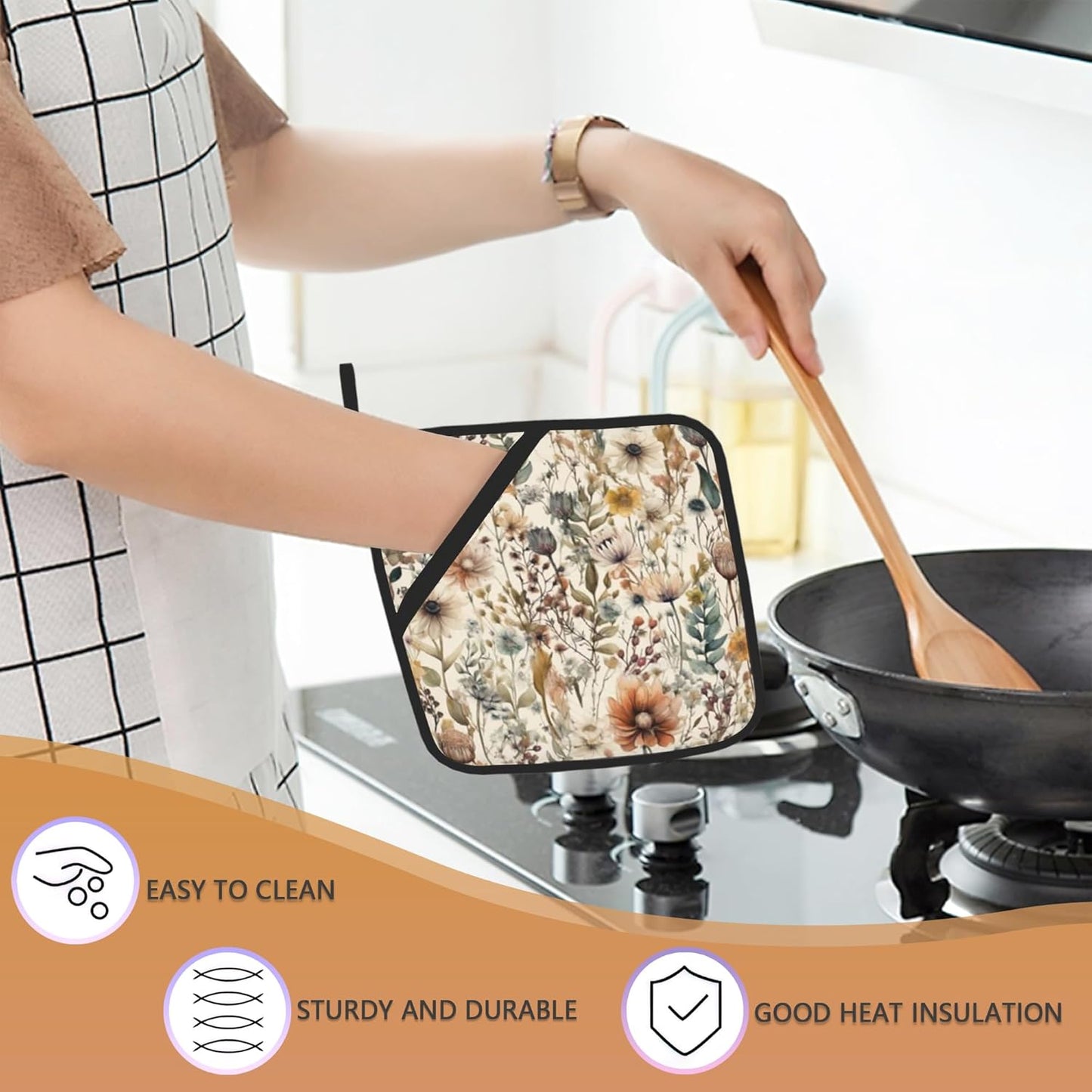 2PCS Boho Watercolor Floral Pot Holder with Loop,Heat Resistant Oven Pads,Hot Pat for Kitchen Cooking Baking Food