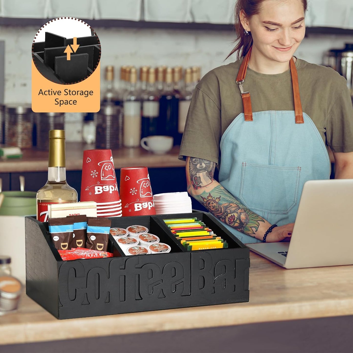 Coffee Bar Organizer for Accessories, Wood Station for Countertop, Farmhouse Pod Syrup Holder, Condiment Organizer for Decor (Black)