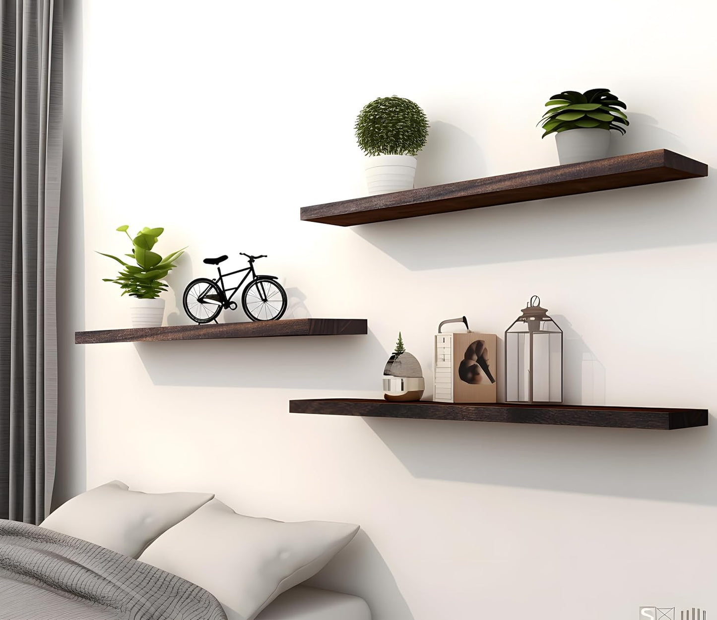 Wood Floating Shelves for Wall, Wooden Wall Shelves for Bedroom, Wall Mounted Shelves for Living Room, Set of 6 Brown 24 Inch
